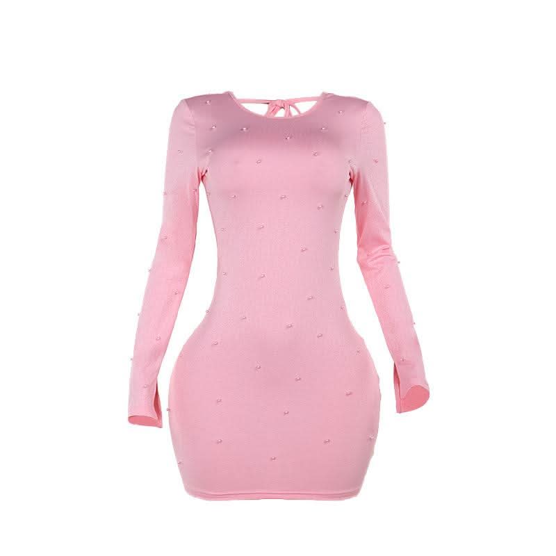 Crewneck long sleeve beaded backless mini dress
