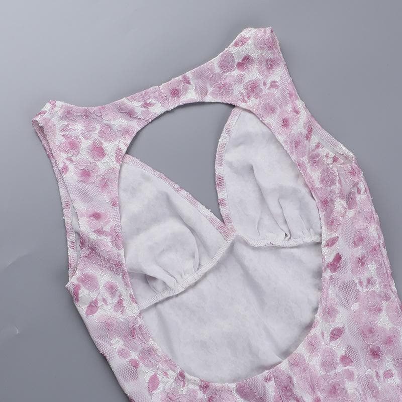 Textured v neck backless print tank midi dress