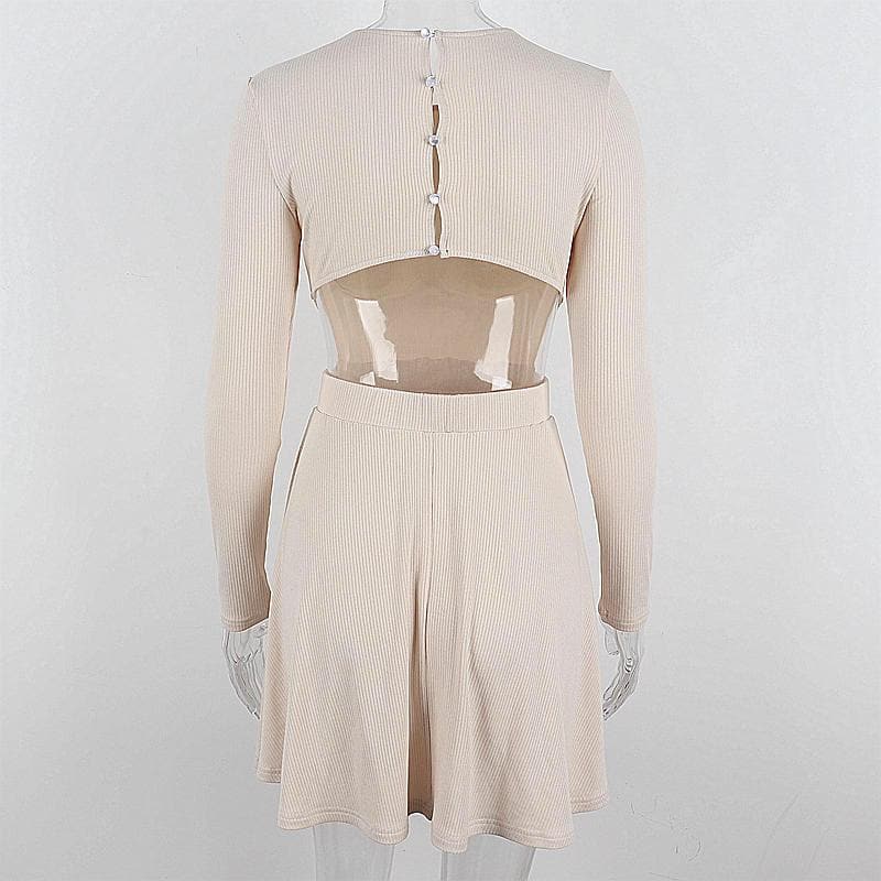Ribbed long sleeve solid button hollow out crewneck cut out mini dress