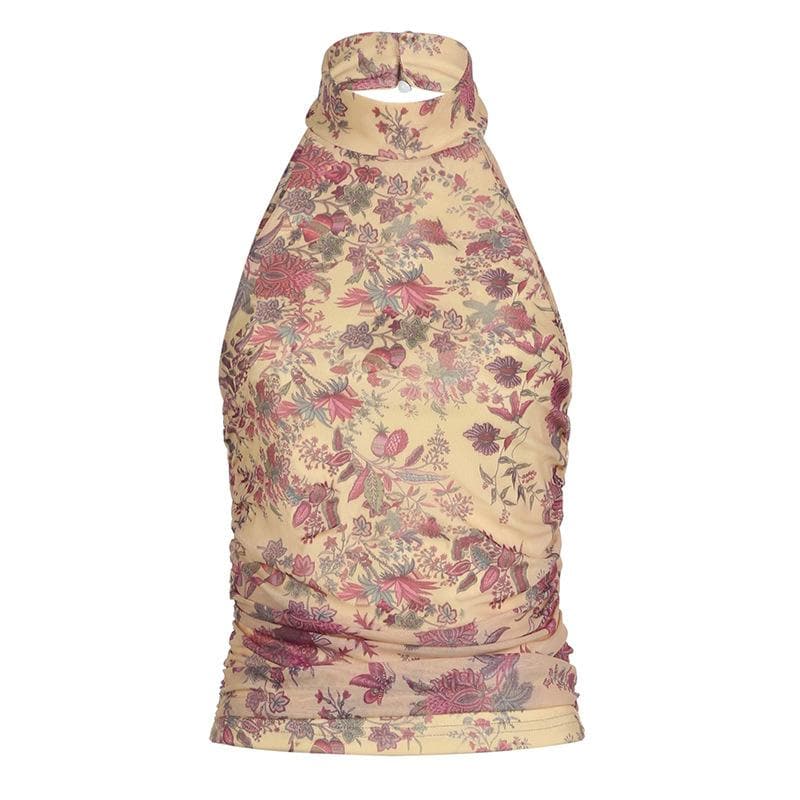 Halter button backless print ruched top