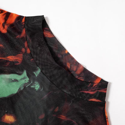 Sheer mesh long sleeve tie dye contrast gloves see through bodysuit