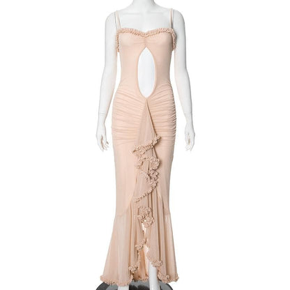 Ruffle ruched lace hem hollow out cami cut out maxi dress