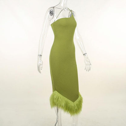 Sleeveless solid one shoulder backless fluffy midi dress