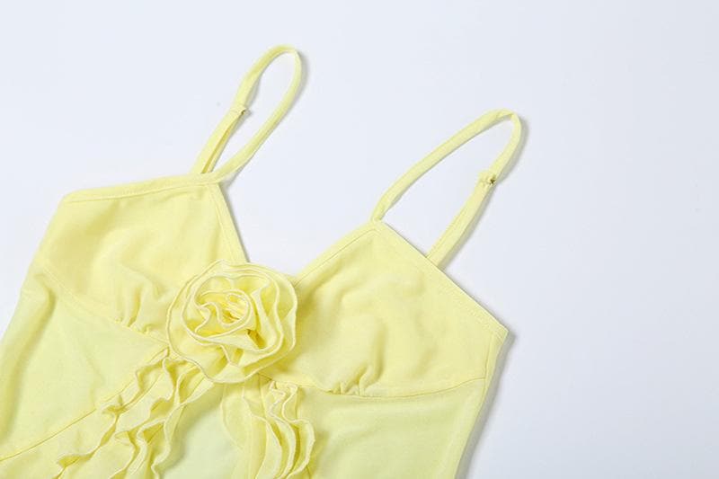 Rose applique ruffle u neck mesh cami top