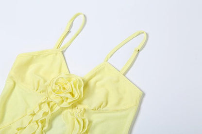 Rose applique ruffle u neck mesh cami top