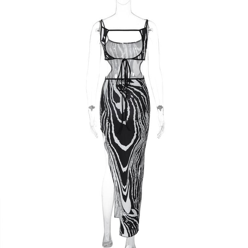 Zebra print contrast irregular slit hollow out backless cut out midi dress