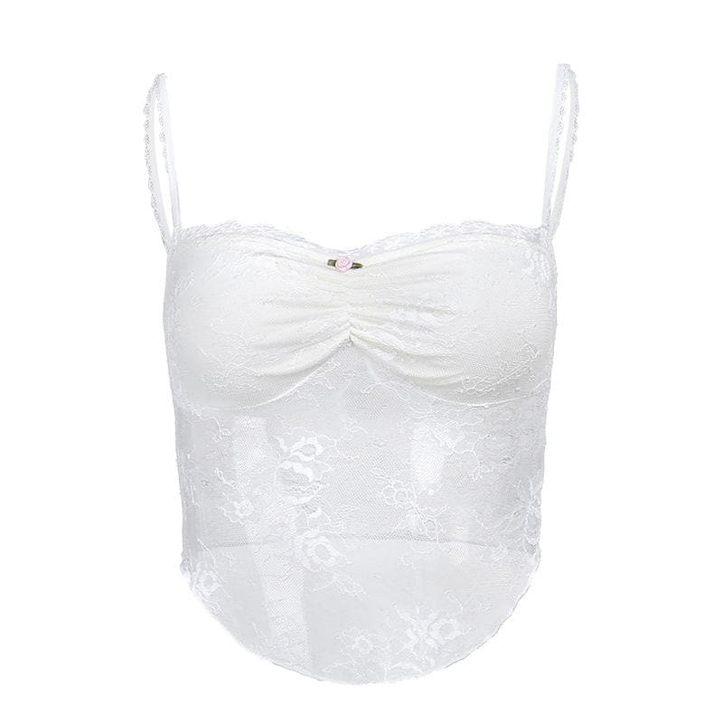 Ruched lace sweetheart neck flower applique cami top