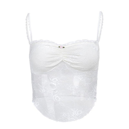 Ruched lace sweetheart neck flower applique cami top