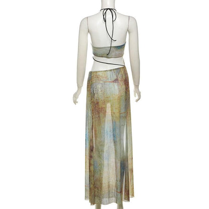 Halter drawstring tie dye irregular sheer mesh maxi dress