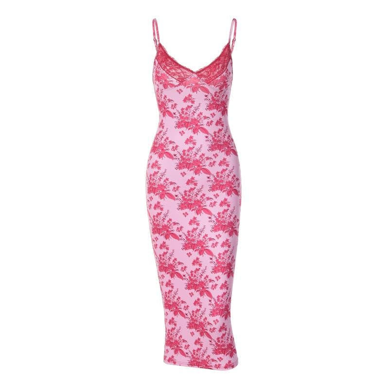 Floral Print Lace Trim Spaghetti Strap V Neck Bodycon Midi Dress