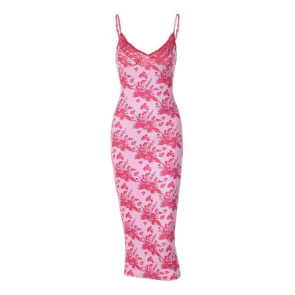 Floral Print Lace Trim Spaghetti Strap V Neck Bodycon Midi Dress