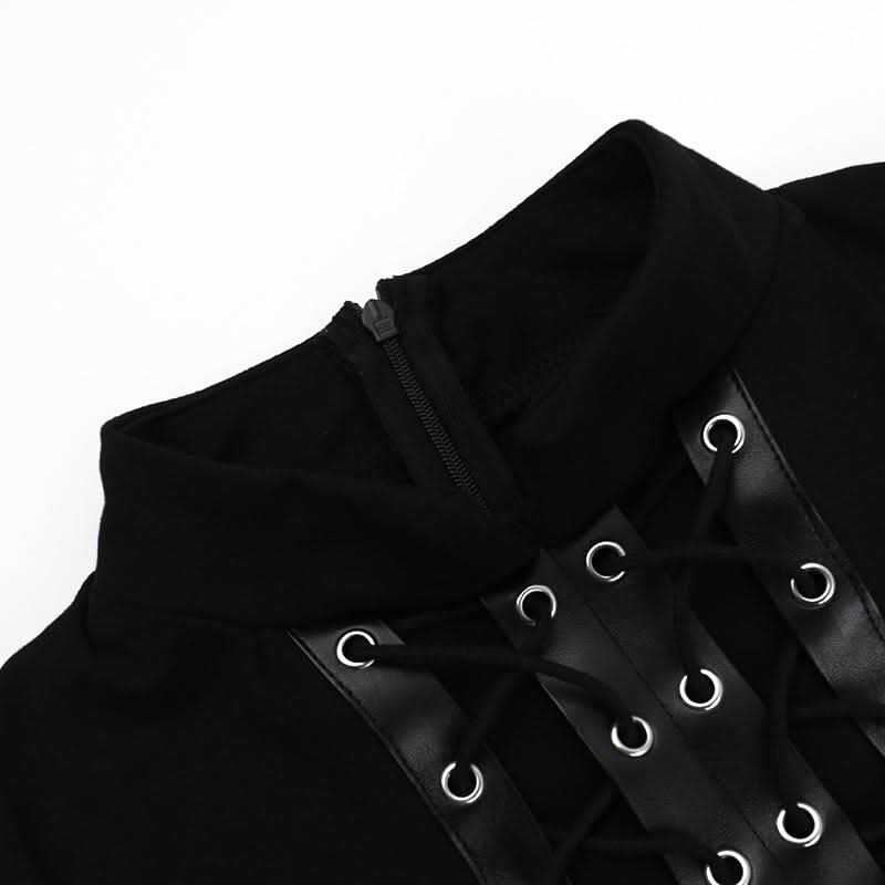 Zip-up high slit lace up see through high neck midi dress