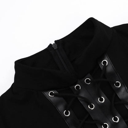 Zip-up high slit lace up see through high neck midi dress