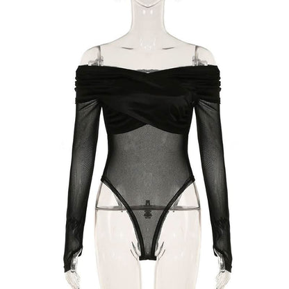 Off shoulder long sleeve mesh bodysuit