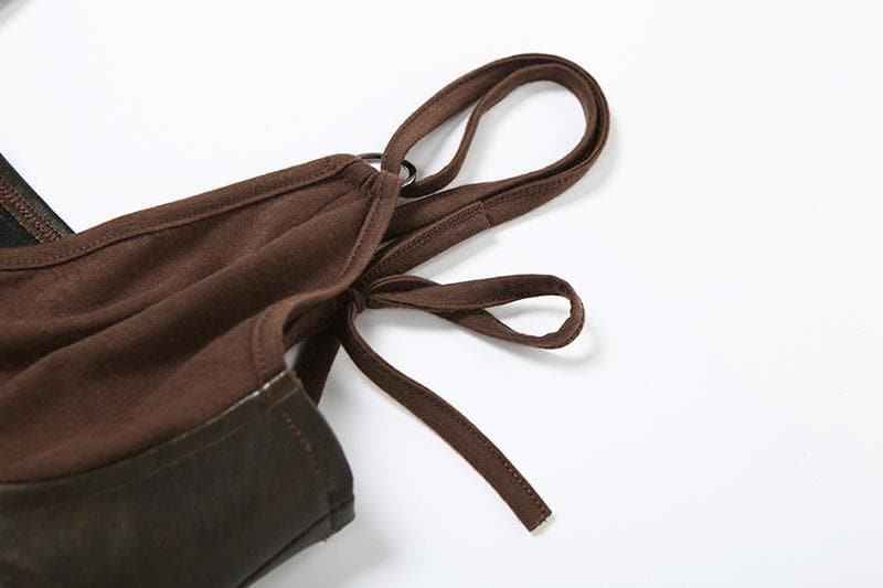 V neck PU leather patchwork high slit maxi dress-final-sale