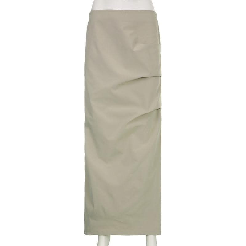 Ruched solid zip-up slit cargo maxi skirt-final-sale