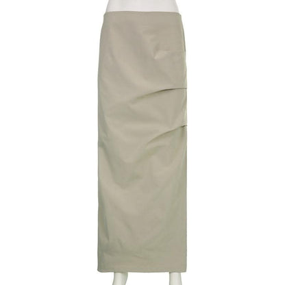 Ruched solid zip-up slit cargo maxi skirt-final-sale