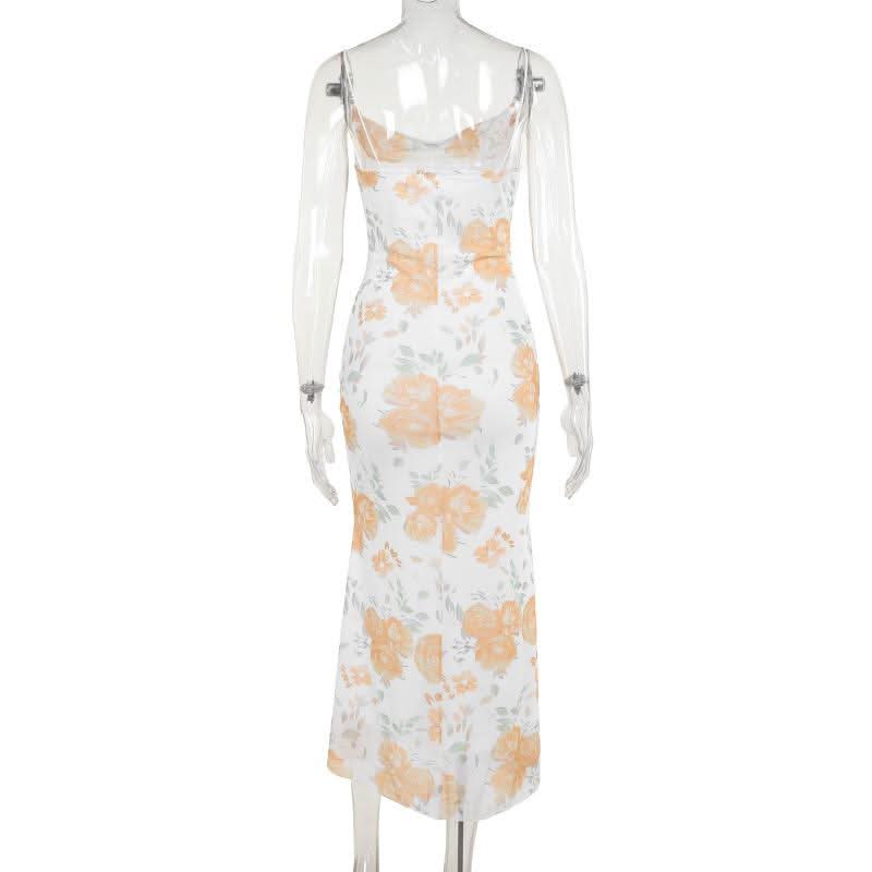 Mesh cowl neck flower print spaghetti strap midi dress