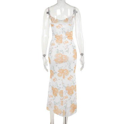 Mesh cowl neck flower print spaghetti strap midi dress
