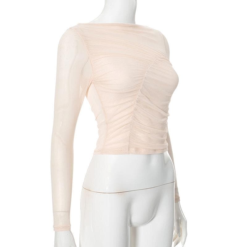 Long sleeve sheer mesh off shoulder ruched crop top
