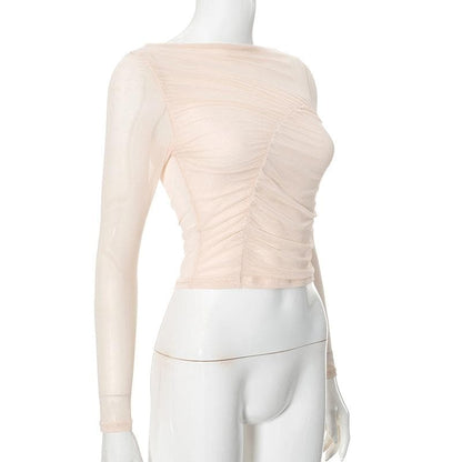 Long sleeve sheer mesh off shoulder ruched crop top