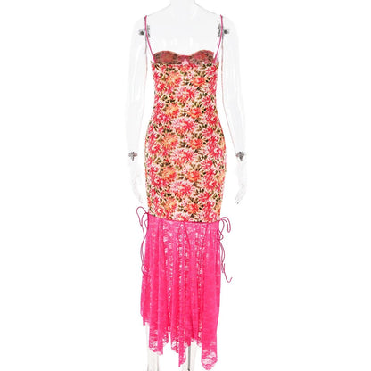 Lace patchwork ruffle knotted print cami midi dress