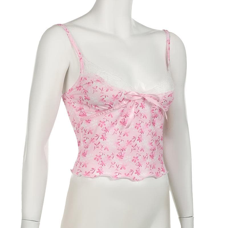 V neck bowknot lace hem ruffle print cami top