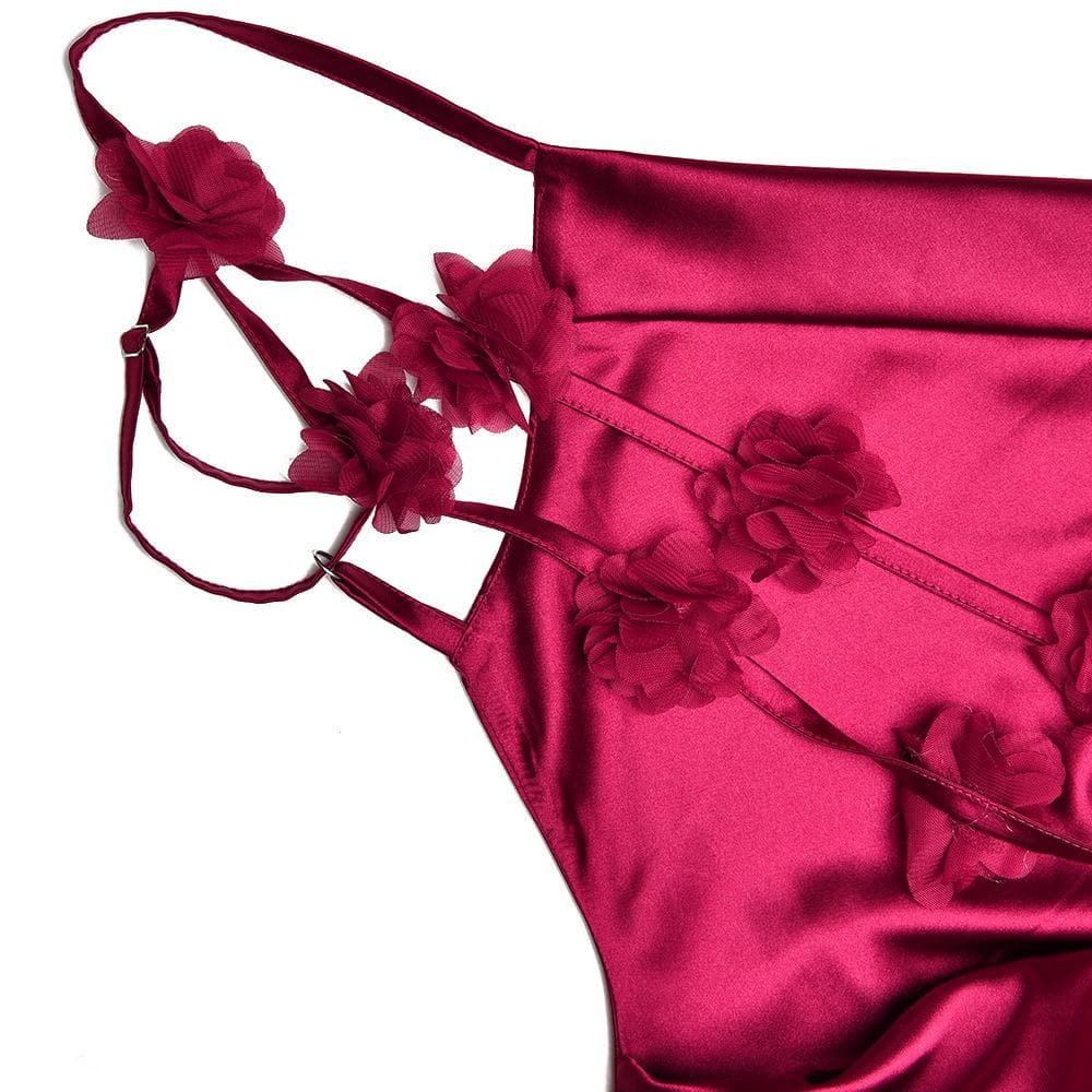 Cowl neck satin flower applique backless cami maxi dress