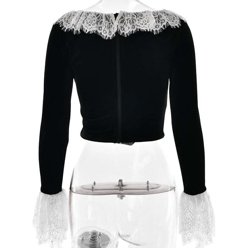 Long flared sleeve lace patchwork velvet zip-up top