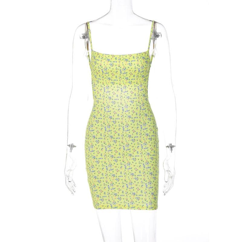 Ditsy Floral Print Spaghetti Strap Square Neck Bodycon Mini Dress