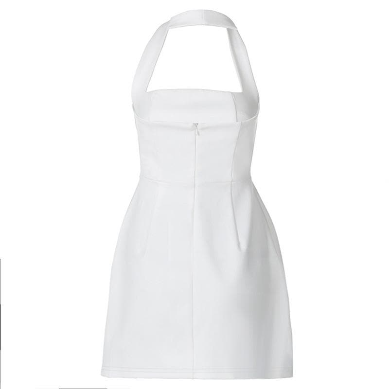 Halter solid ruched stitch zip-up mini dress