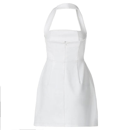 Halter solid ruched stitch zip-up mini dress