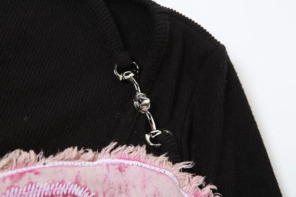 Long sleeve v neck butterfly embroidery halter contrast top-final-sale