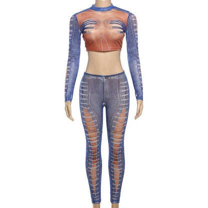 Long sleeve mesh denim print crop pant set