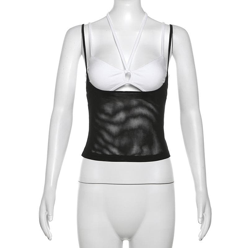 Halter hollow out mesh contrast 2 piece cami cut out top