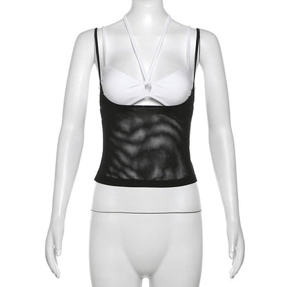 Halter hollow out mesh contrast 2 piece cami cut out top