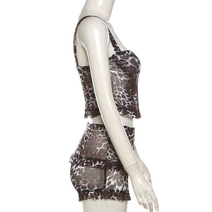 Leopard print mesh button cami short pant set