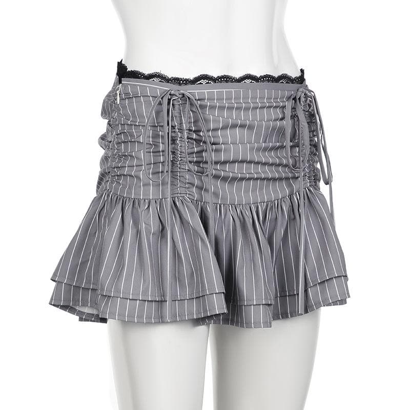 Drawstring ruched lace hem striped mini skirt