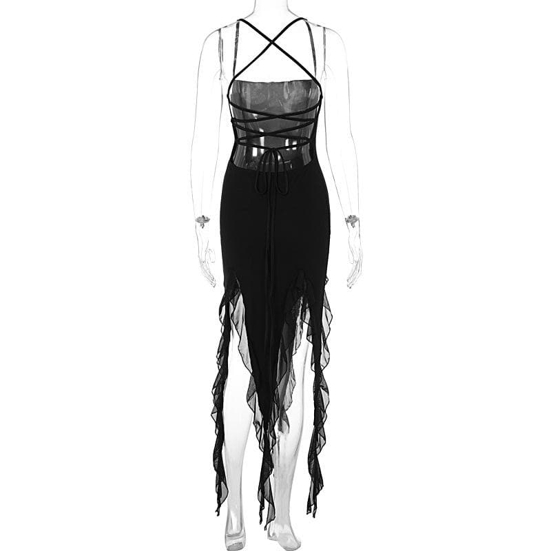 Ruffle cross back solid lace up cami maxi dress