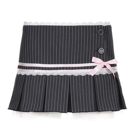 Bowknot lace hem pleated button striped print mini skirt