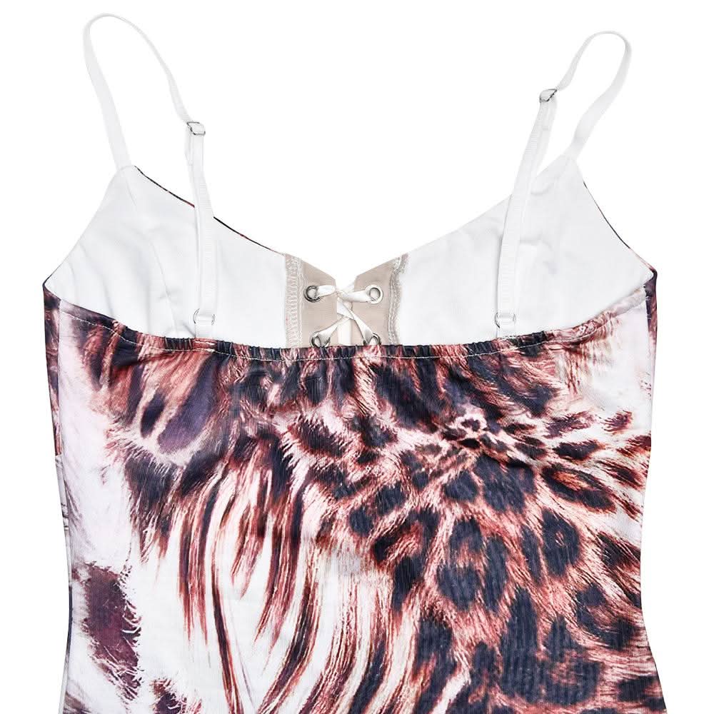 V neck self tie leopard print backless cami maxi dress