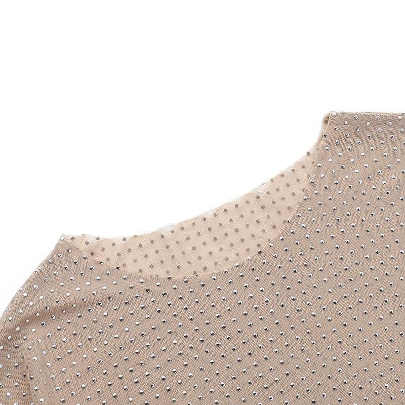 Long sleeve sheer mesh beaded crewneck top