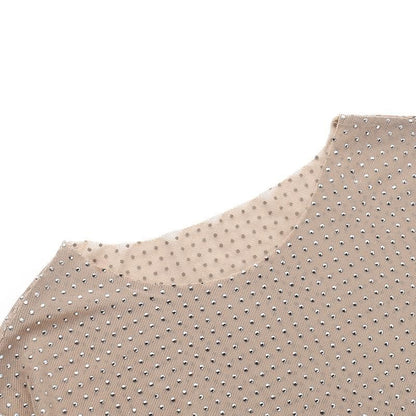 Long sleeve sheer mesh beaded crewneck top