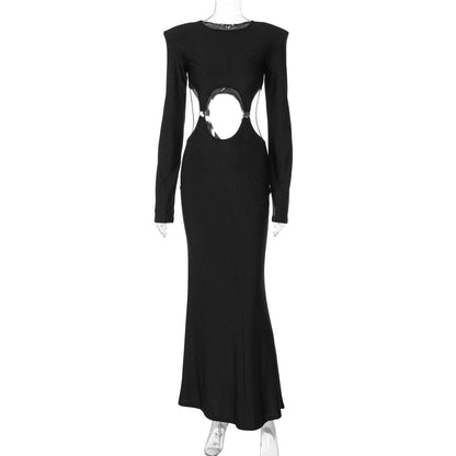 Long sleeve hollow out o ring padded cut out maxi dress