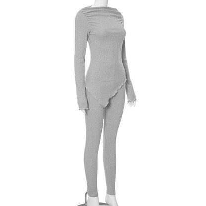 Long sleeve irregular ruched solid pant set