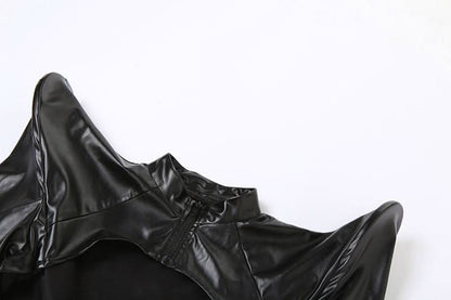 PU leather long sleeve zip-up crop top