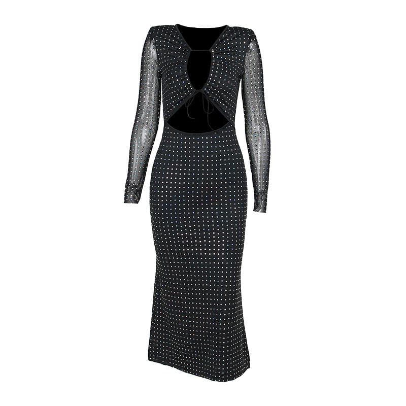Rhinestone Grid Long Sleeve Keyhole Bow Tie Front Cutout Maxi Dress