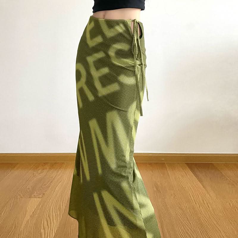 Mesh letter print hollow out self tie cut out maxi skirt