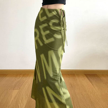 Mesh letter print hollow out self tie cut out maxi skirt