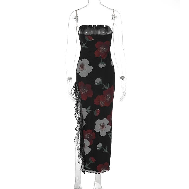 Floral Print Strapless Tube Neck Lace Trim Thigh Slit Maxi Dress